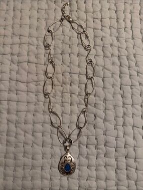 Brighton Silver-Tone Link Necklace with Blue Teardrop Pendant